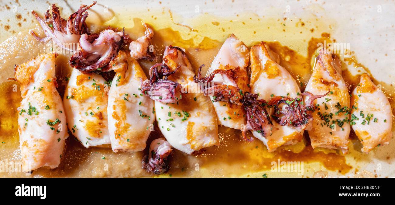 Directly above view of a delicious plate of grilled squid with sauce. High quality photography. Stock Photo