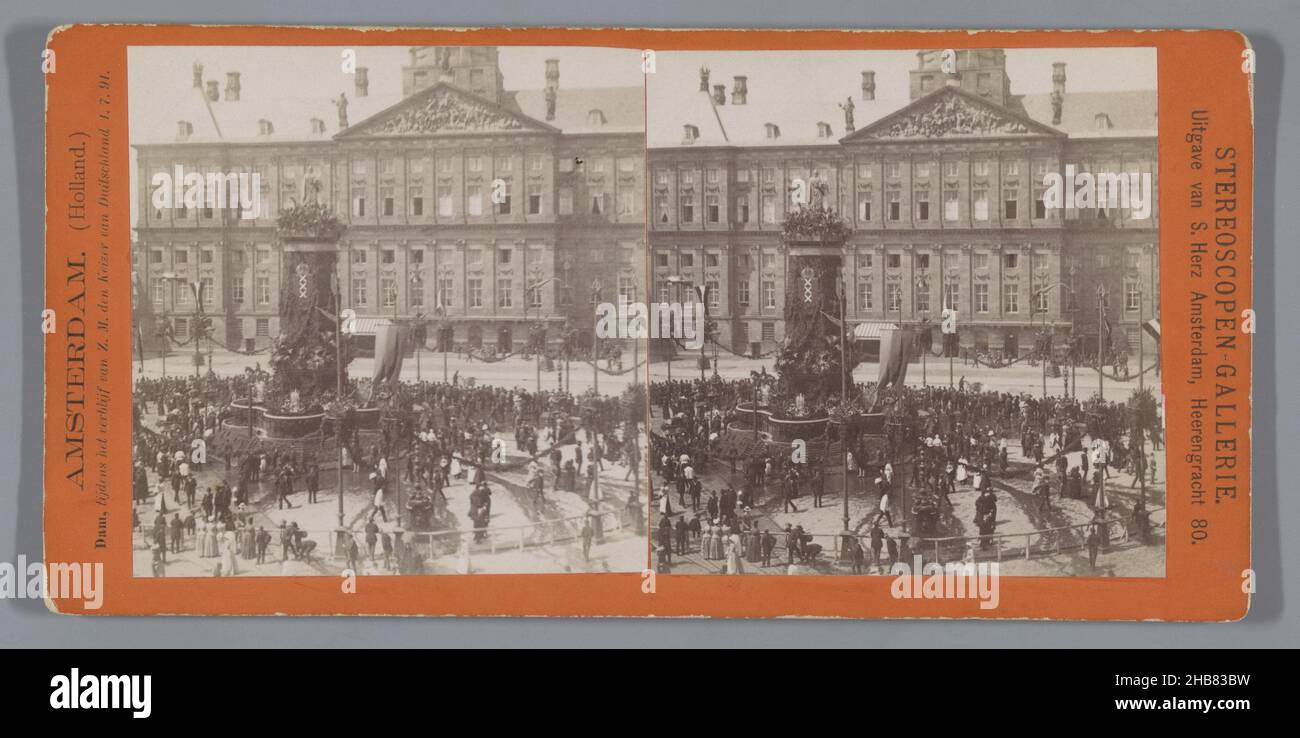 Decorations on the Dam Square during the visit of Kaiser Wilhelm II, Amsterdam, Dam Square, during the stay of H.M. the Emperor of Germany 1.7.91 (title on object), Stereoscopes Gallery (series title on object), Sigmund Löw (possibly), publisher: S. Herz (mentioned on object), Amsterdam, 1-Jul-1891, cardboard, paper, albumen print, height 87 mm × width 179 mm Stock Photo