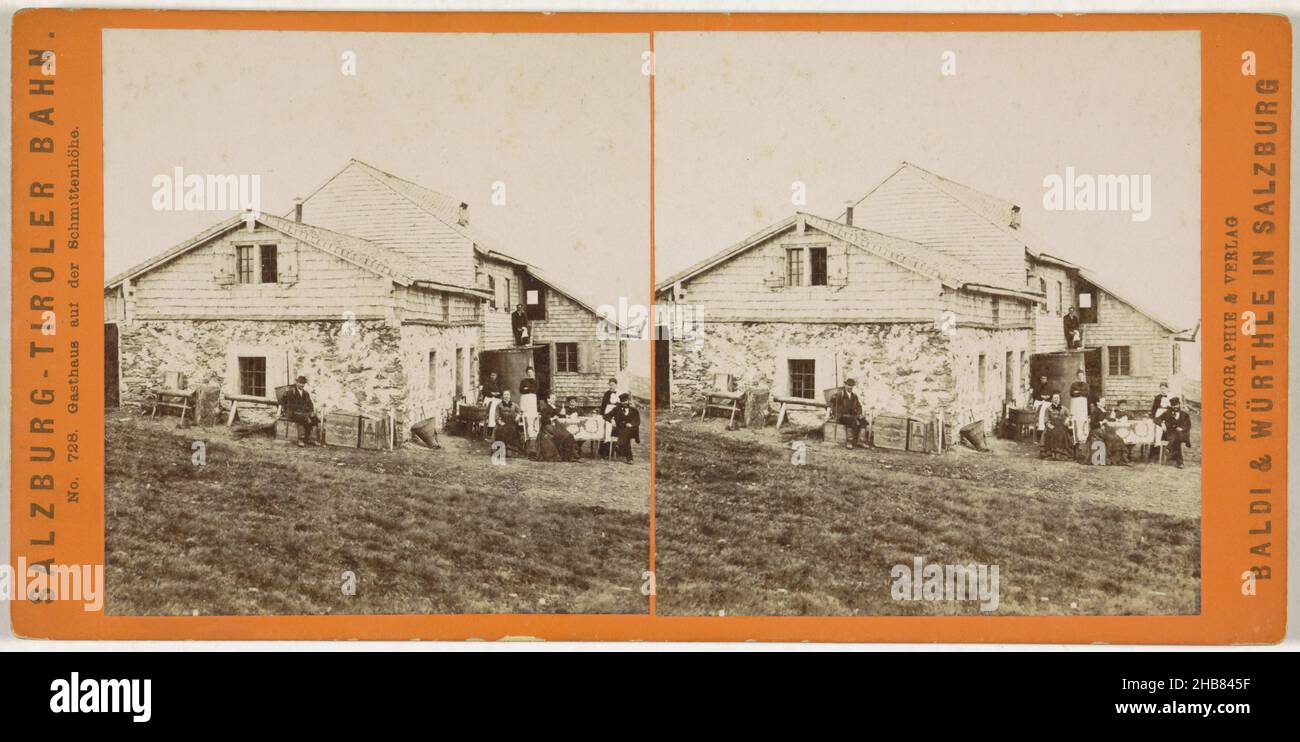 People sitting in front of a guesthouse on the Schmittenhöhe, Austria, Gasthaus auf der Schmittenhöhe (title on object), Salzburg-Tiroler Bahn (series title on object), Baldi & Würthle (mentioned on object), publisher: Baldi & Würthle (mentioned on object), Schmittenhöhe, publisher: Salzburg, 1862 - 1880, cardboard, paper, albumen print, height 87 mm × width 177 mm Stock Photo