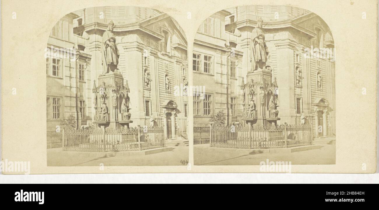 Monument to Emperor Charles IV in front of the church of St. Francis of Assisi or the Kostel svatého Františka z Assisi, Prague, M.ent de l'Empereur Charles à Prague (title on object), anonymous, Praag, 1857 - 1863, cardboard, paper, albumen print, height 88 mm × width 176 mm Stock Photo