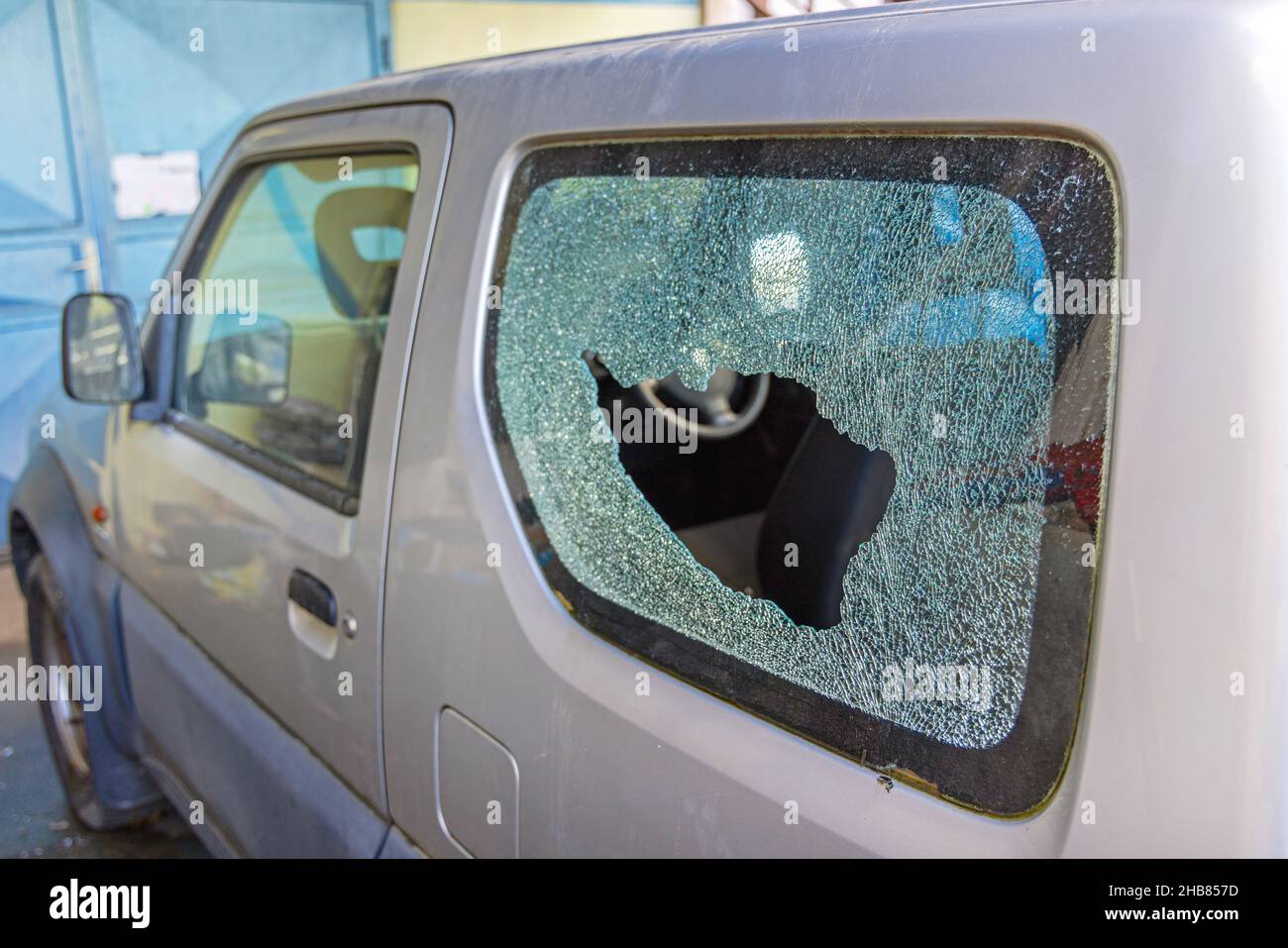 Broken Small Car Side Window Glass Damage Exterior View Burglary Stock