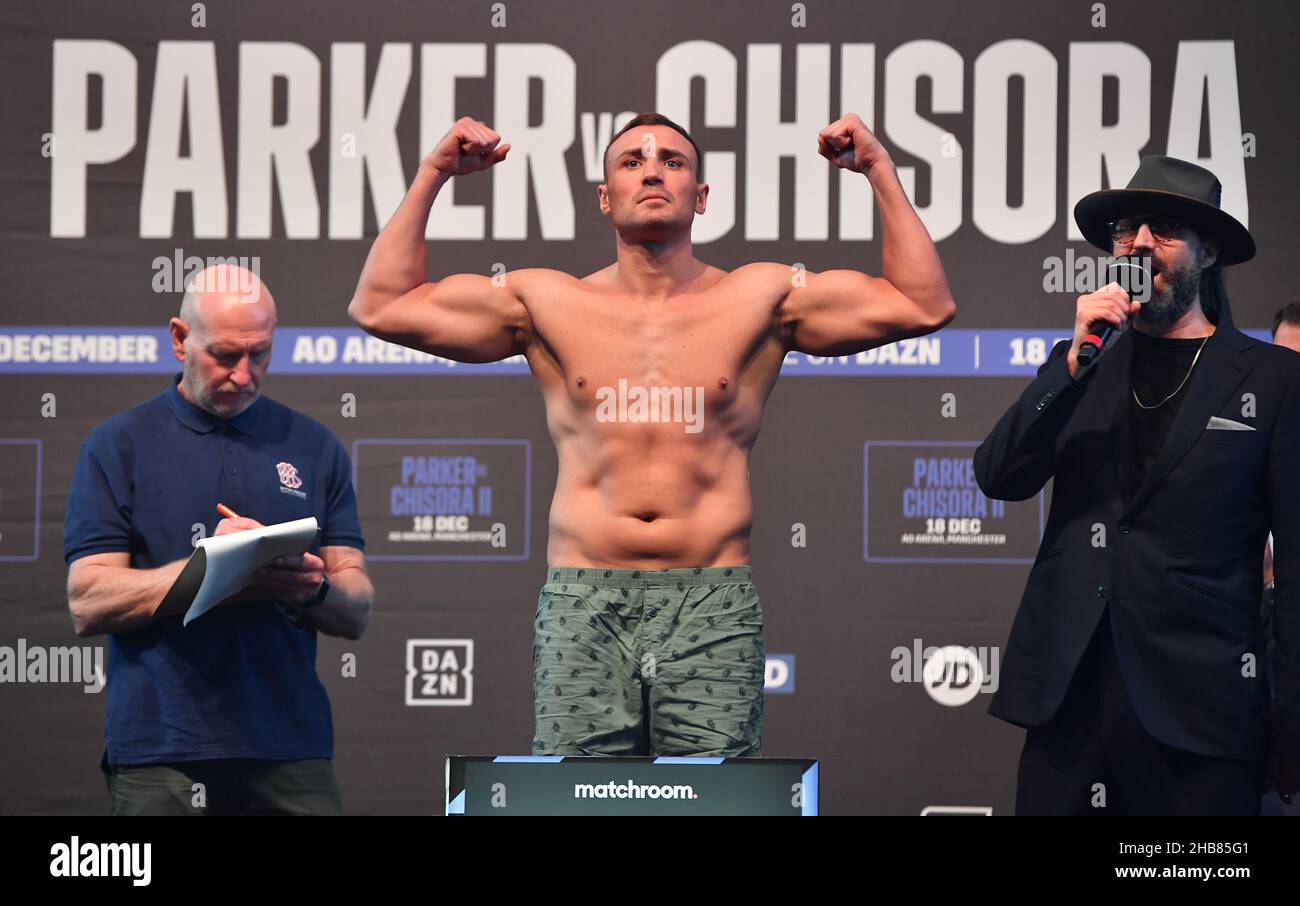 Piotr Budziszewski during a weigh in at the Albert Hall, Manchester. Picture date: Friday December 17, 2021. See PA story BOXING Manchester. Photo credit should read: Anthony Devlin/PA Wire. RESTRICTIONS: Use subject to restrictions. Editorial use only, no commercial use without prior consent from rights holder. Stock Photo
