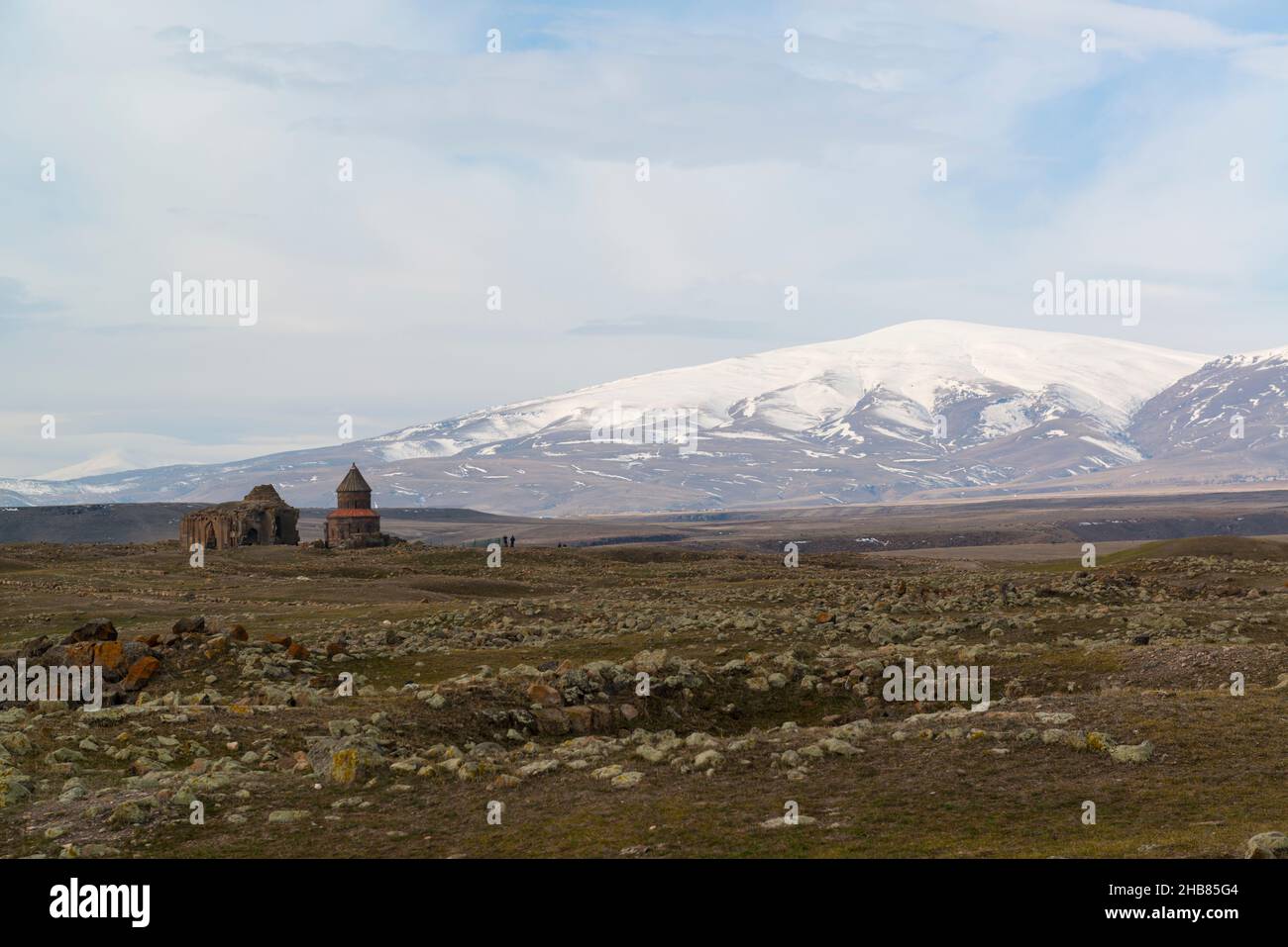 The ruins of Ani. The cathedral with its missing dome is seen on the left, the Church of St. Gregory of the Abughamrents on the right. Turkey Stock Photo