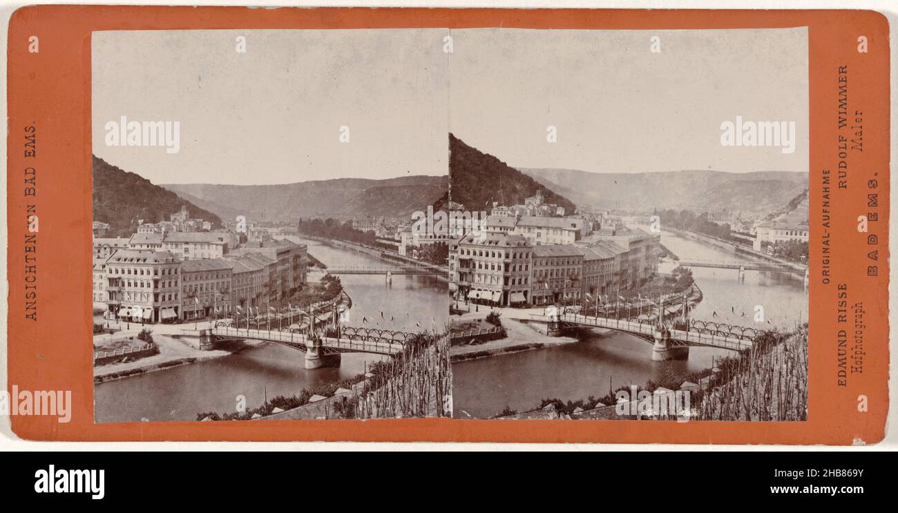 View of Bad Ems, Germany, Bad Ems (title on object), Ansichten von Bad Ems (series title on object), Edmund Risse (mentioned on object), painter: Rudolf Wimmer (mentioned on object), Bad Ems, 1874, cardboard, photographic support, height 89 mm × width 180 mm Stock Photo
