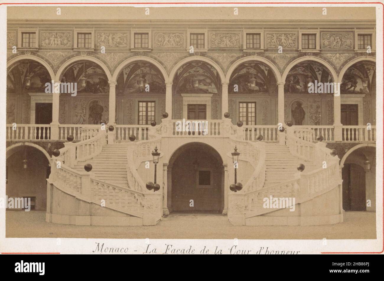 View of the courtyard of the Prince's Palace of Monaco, La Façade de la Cour d'honneur (title on object), anonymous, Monaco, 1870 - 1900, cardboard, albumen print, height 108 mm × width 164 mm Stock Photo