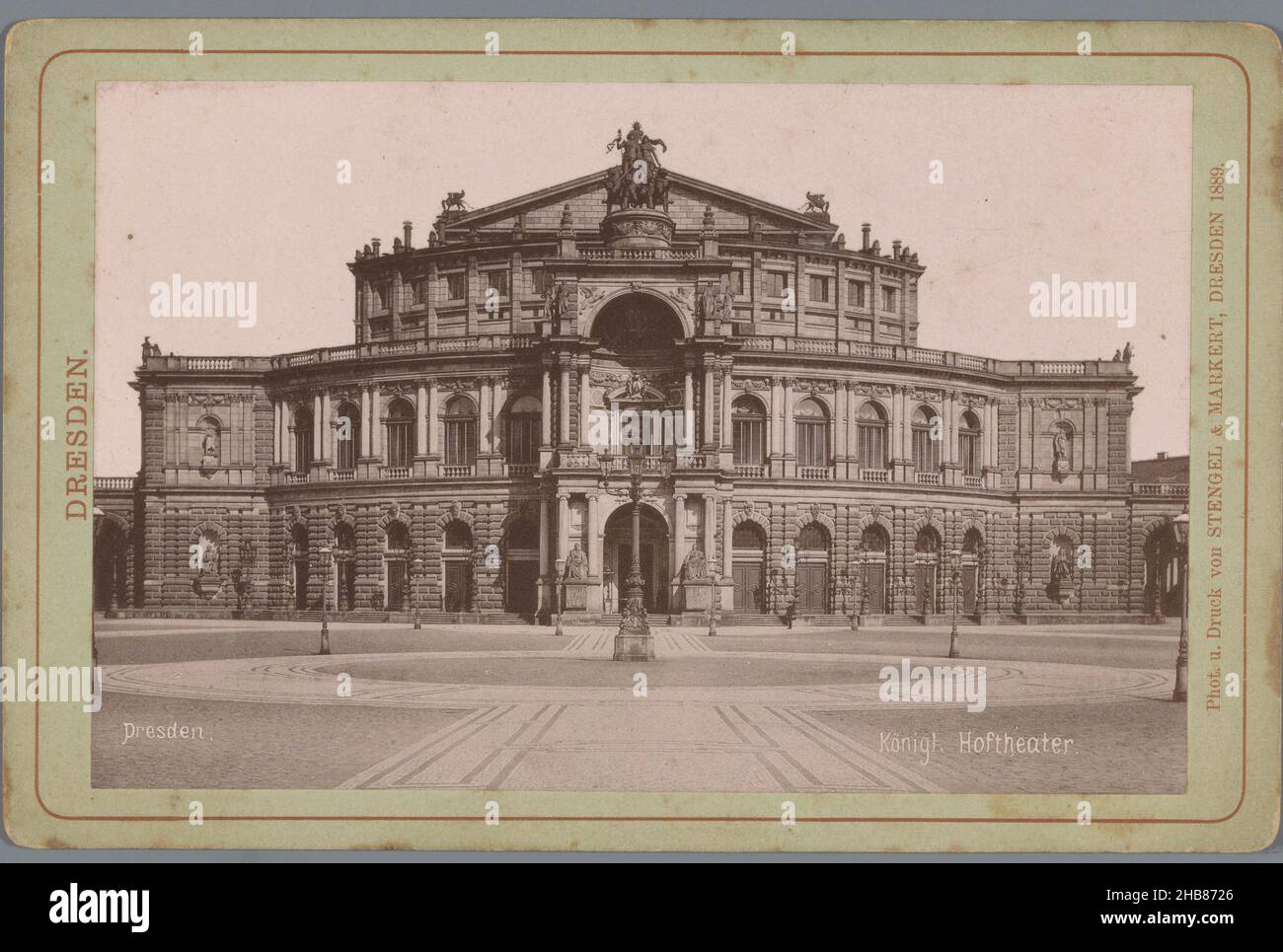 View of the Semperopera in Dresden, Königl. Hoftheater (title on object), Dresden (series title on object), Stengel & Markert (mentioned on object), Stengel & Markert, Dresden, 1889, cardboard, paper, collotype, height 108 mm × width 166 mm Stock Photo