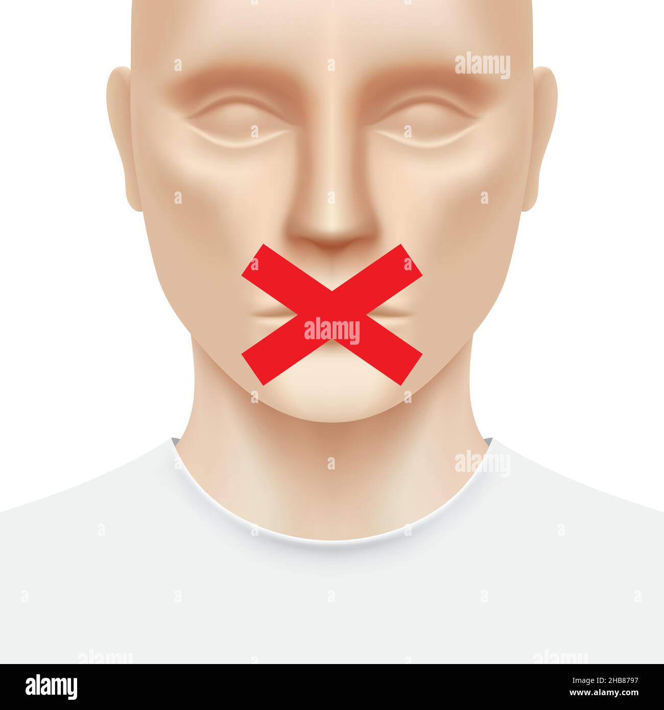 White man face with talking prohibition red cross sign covering the moth. Free speech censorship, concept vector illustration. Stock Vector