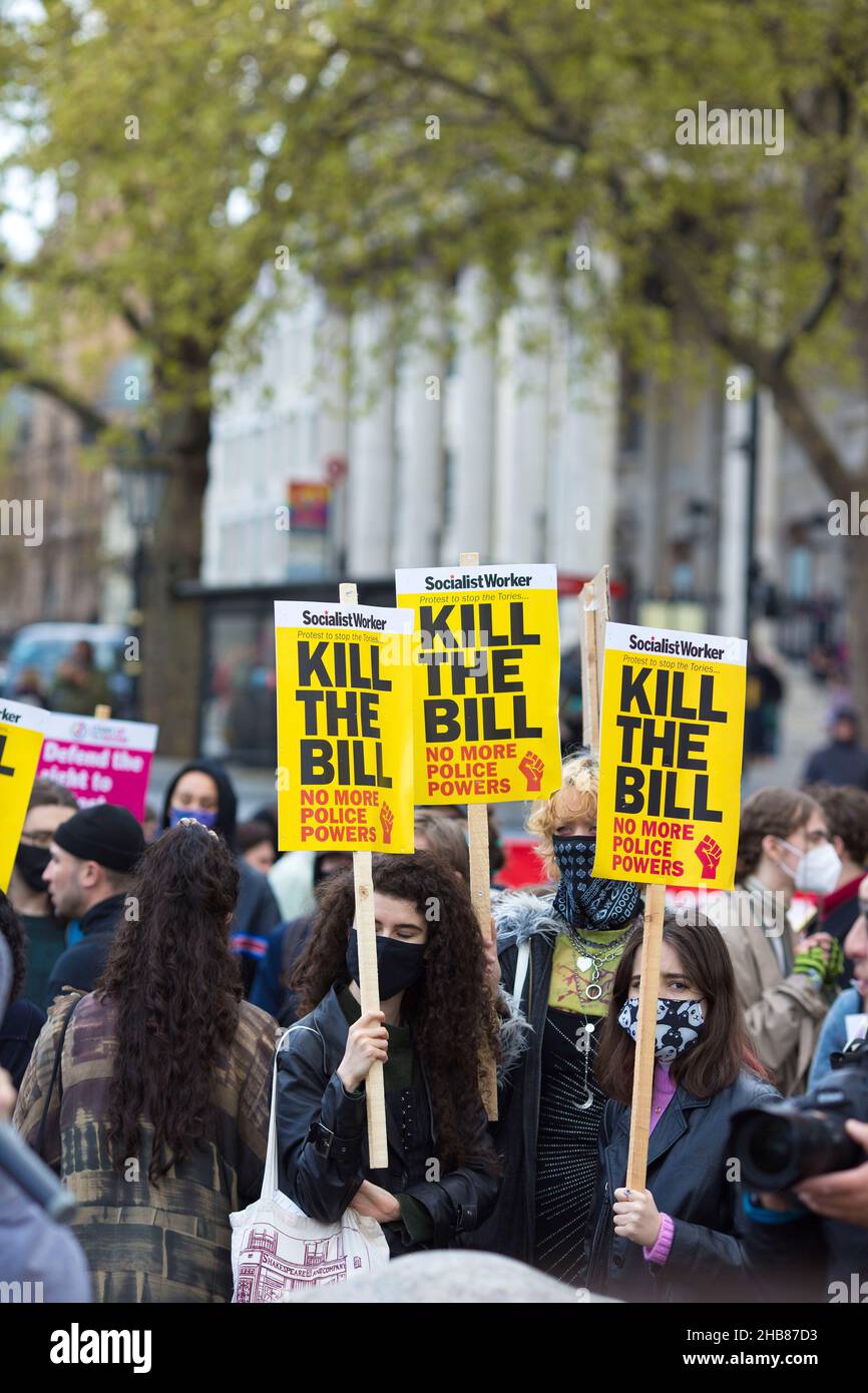 Participants gather during a ‘Kill the Bill’ protest against the Police, Crime, Sentencing and Courts Bill in Trafalgar Square in London. Stock Photo