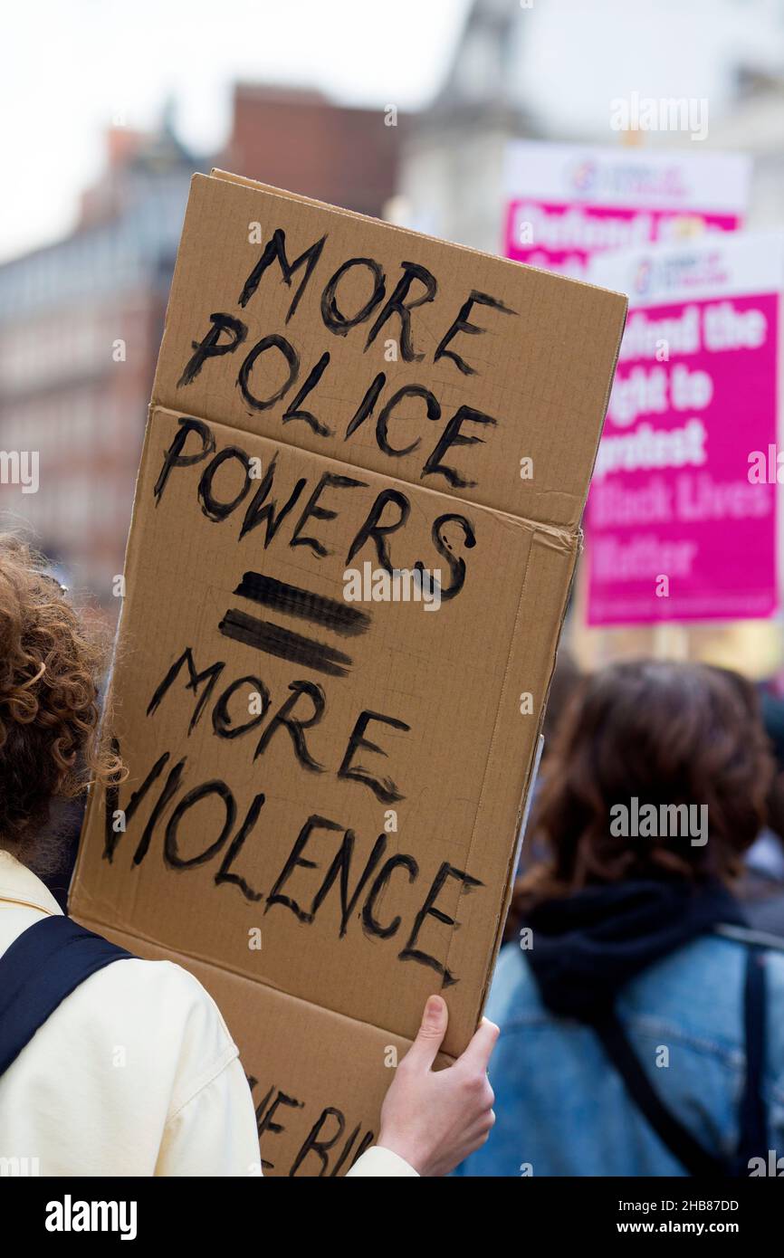 Participants gather during a ‘Kill the Bill’ protest against the Police, Crime, Sentencing and Courts Bill in Trafalgar Square in London. Stock Photo