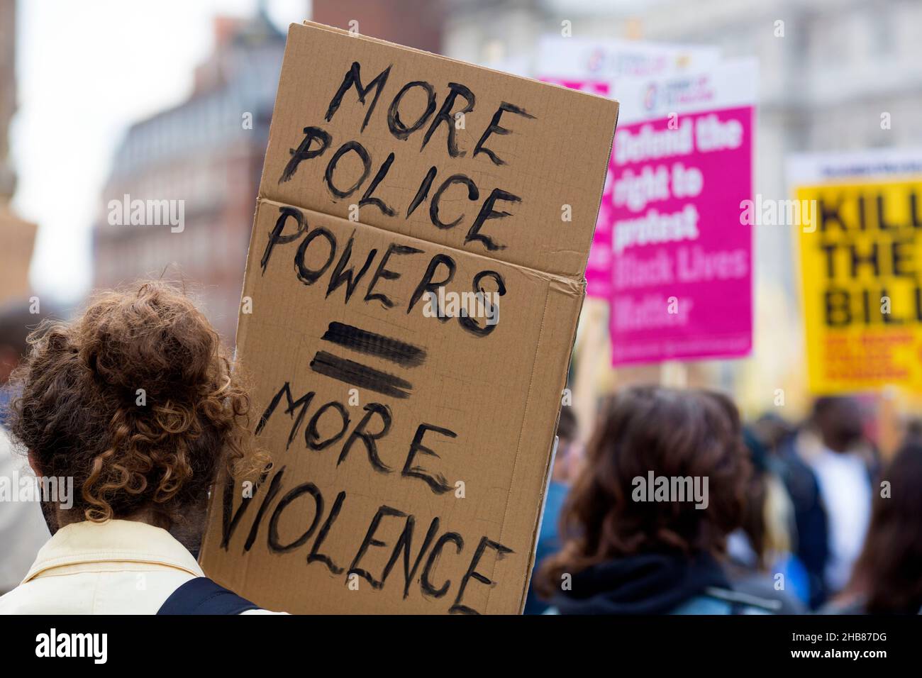 Participants gather during a ‘Kill the Bill’ protest against the Police, Crime, Sentencing and Courts Bill in Trafalgar Square in London. Stock Photo