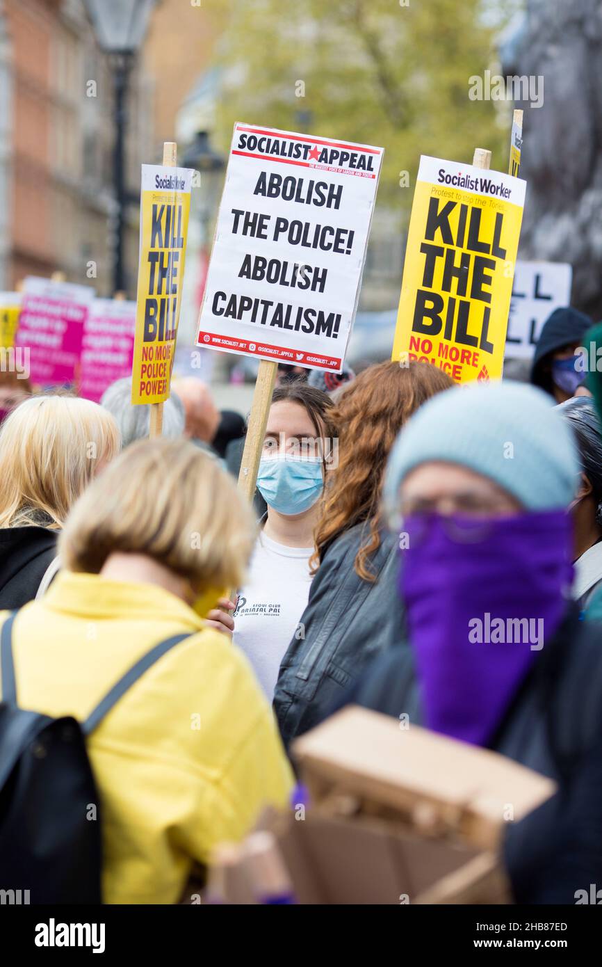 Participants gather during a ‘Kill the Bill’ protest against the Police, Crime, Sentencing and Courts Bill in Trafalgar Square in London. Stock Photo