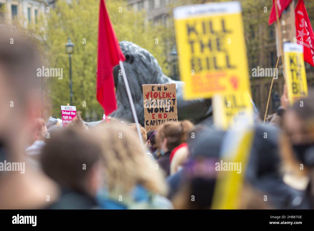 Participants gather during a ‘Kill the Bill’ protest against the Police, Crime, Sentencing and Courts Bill in Trafalgar Square in London. Stock Photo