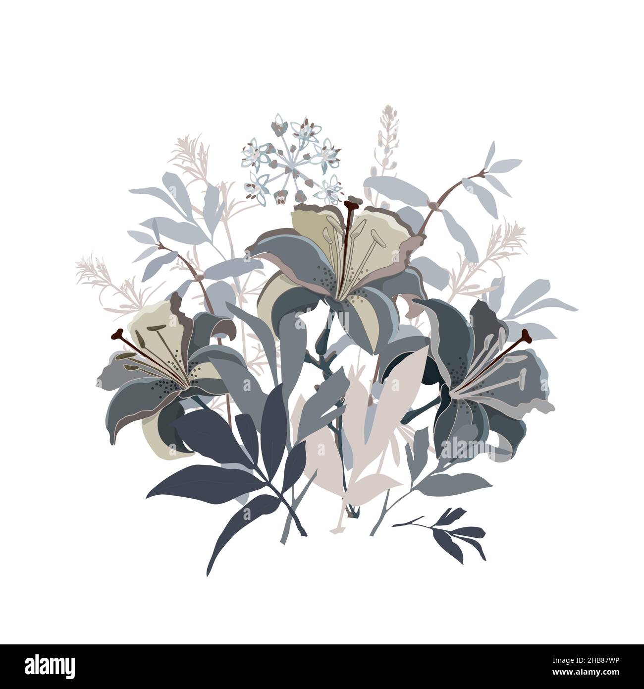 Vector floral illustration. Bouquet of lily flowers in beige and gray tones on a white background. Stock Vector