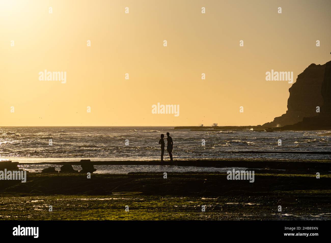 Silhouettes of the young couple standing on the shore at sunset Stock ...