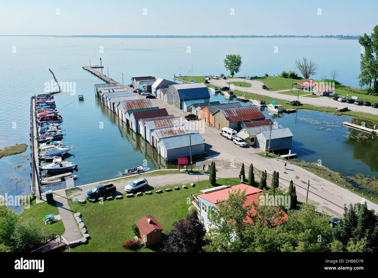 An aerial of boat houses and pier at Port Rowan, Ontario, Canada Stock