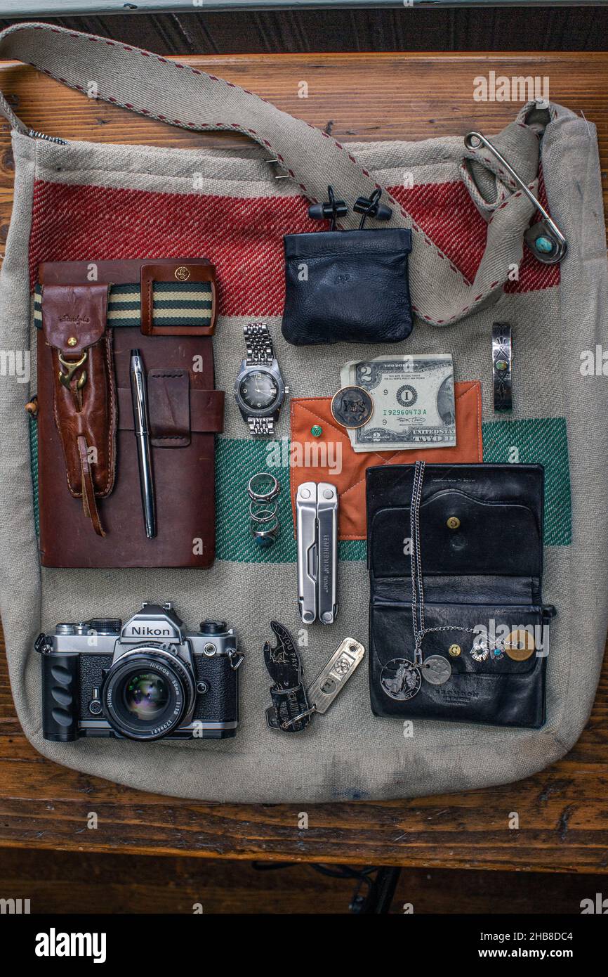 Flat lay of contents of the bag. Stock Photo