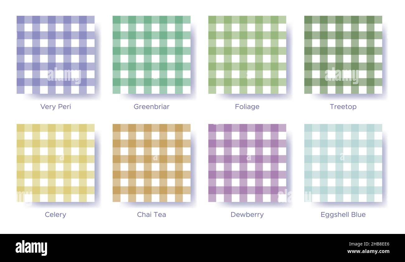 Gingham seamless pattern set in the color of 2022 Very Peri. Sample color guide palette catalog of swatches. Matching shades for fashion trends - spri Stock Vector