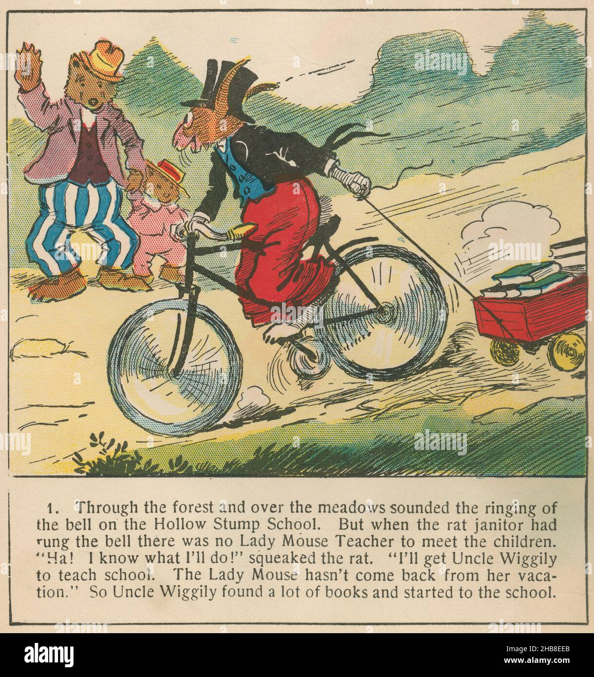 Uncle Wiggily on a bicycle pulling a wagon full of books, from a 1920 book by Howard R. Garis. Stock Photo