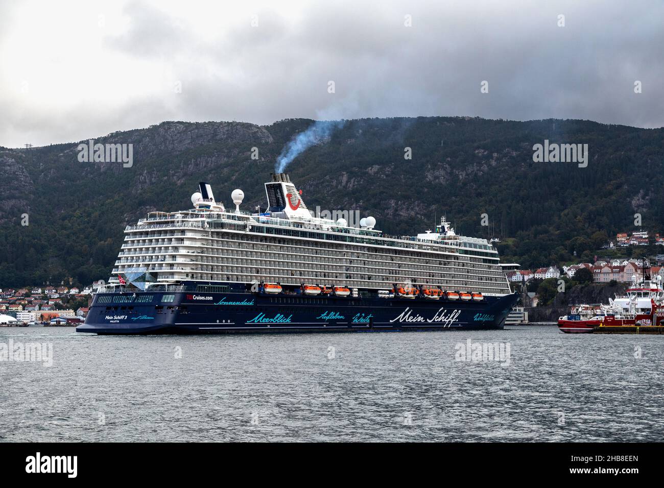 Cruise ship Mein Schiff 3 at Byfjorden, arriving in the port of Bergen, Norway. Stock Photo