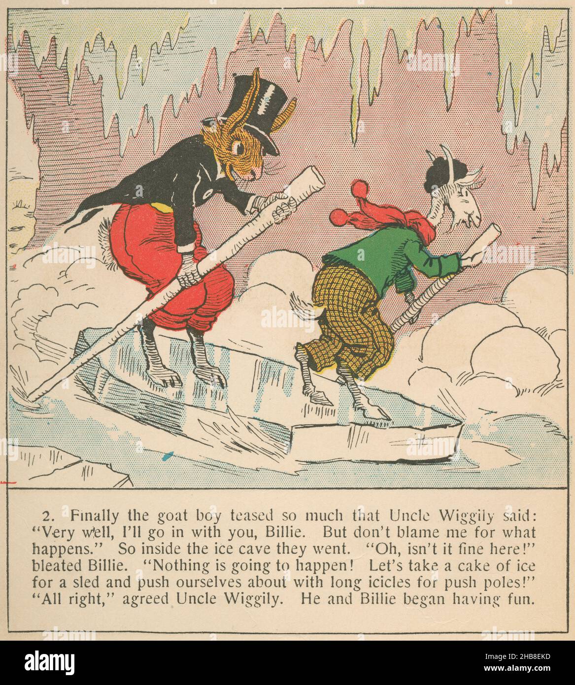 Uncle Wiggily and Billie goat on an ice raft in an ice cave, from a 1920 book by Howard R. Garis. Stock Photo