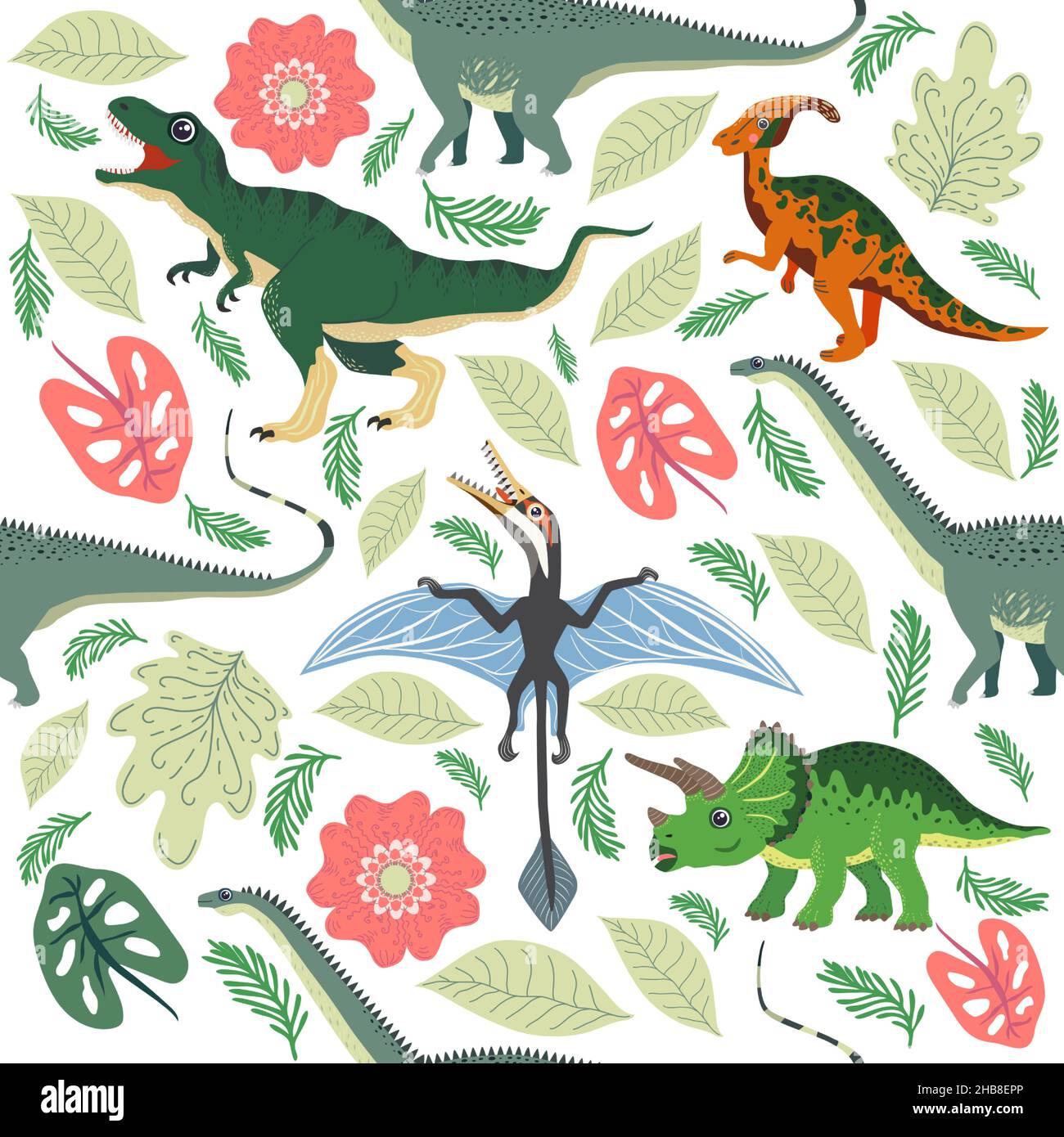 Hand drawn seamless pattern with dinosaurs and tropical leaves and ...