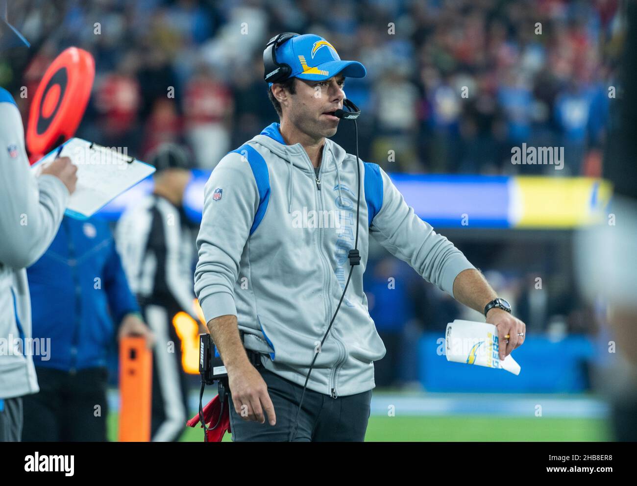 31 October 2021, US, Inglewood: American football: NFL professional league, Los Angeles Chargers - Kansas City Chiefs, main round, main round games, matchday 15, SoFi Stadium. Chargers coach Brandon Staley is on the sidelines. Photo: Maximilian Haupt/dpa Stock Photo