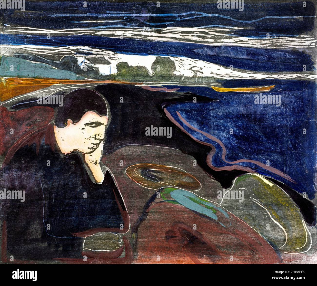 Evening, Melancholy I by Edvard Munch (1863-1944), woodcut hand colored with watercolor, 1896 Stock Photo