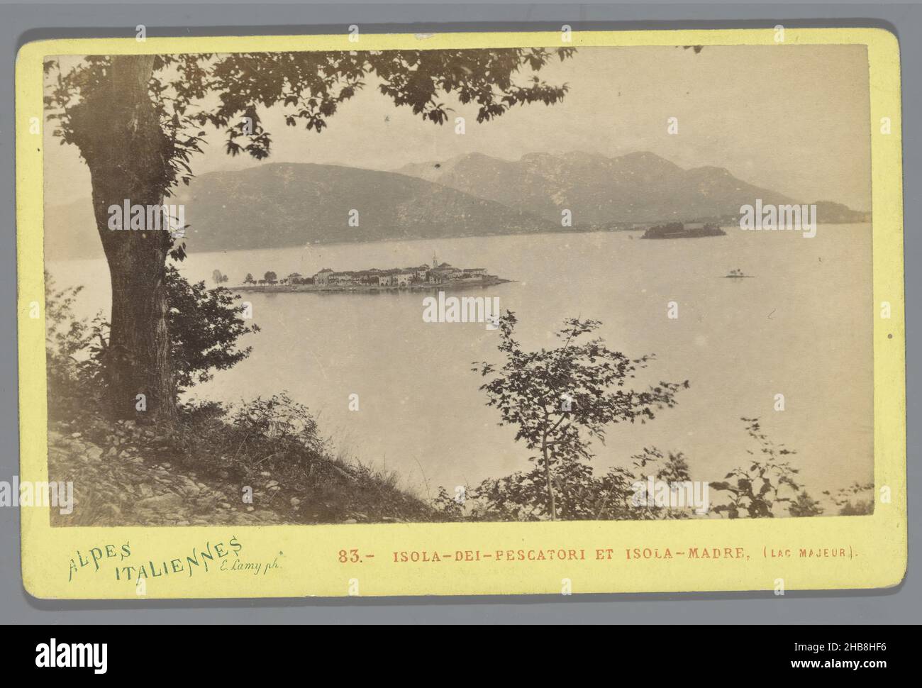 View of Isola dei Pescatori and Isola Madre, Lago Maggiore, Isola-dei-Pescatori et Isola-Madre, (Lac Majeur) (title on object), Alpes Italiennes (series title on object), Ernest Eléonor Pierre Lamy (mentioned on object), Lago Maggiore, 1861 - 1878, paper, cardboard, albumen print, height 67 mm × width 106 mm Stock Photo