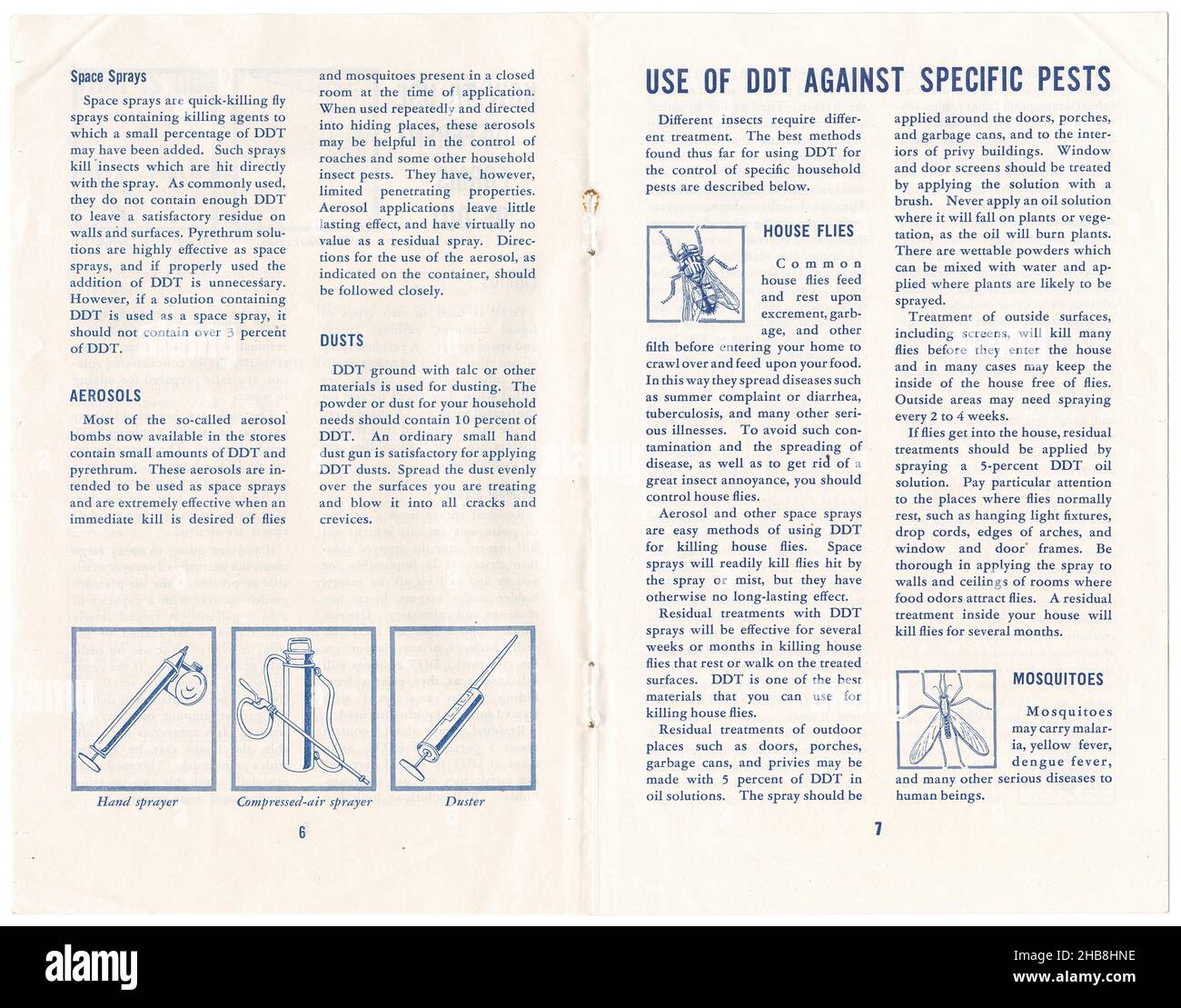 Interior spread from thew March 1947 booklet, DDT for the Control of Household Pests, prepared by the Bureau of Entomology and Plant Quarantine, Agricultural Research Administration, United States Department of Agriculture, and the United States Public Health Service Federal Security Agency. Stock Photo