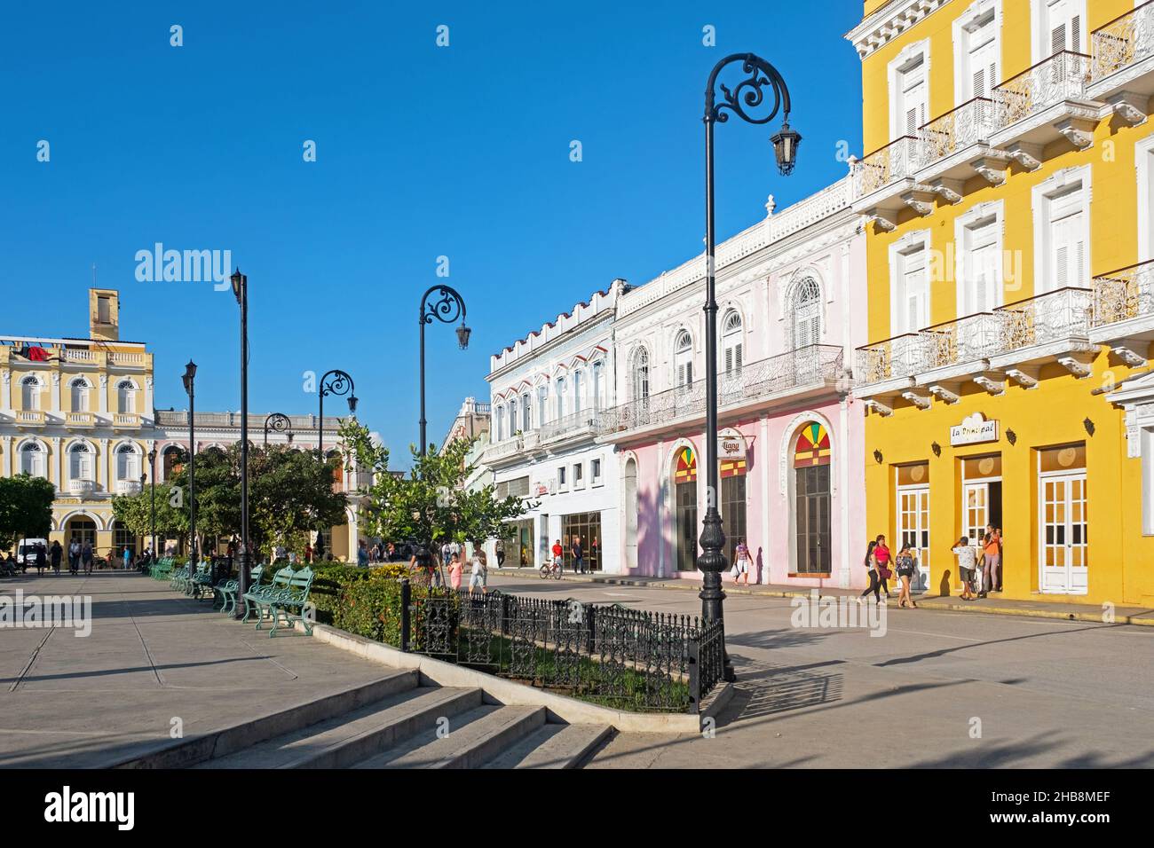 Parque Serafin Sánchez and buildings in Spanish colonial style in the city Sancti Spíritus on the island Cuba, Caribbean Stock Photo