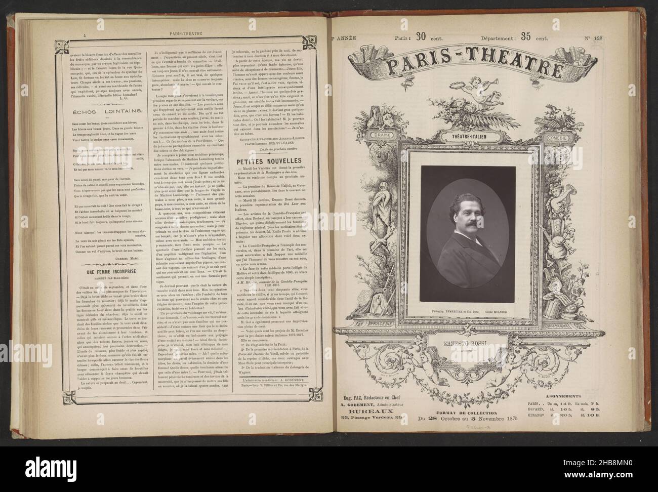 Portrait of Ernesto Rossi, Ernesto Rossi (title on object), Ferdinand  Mulnier (mentioned on object), Lemercier & Cie. (possibly), France,  Parisprint maker: France, intermediary draughtsman: France, printer: Paris,  c. 1870 - before 28-Oct-1875,