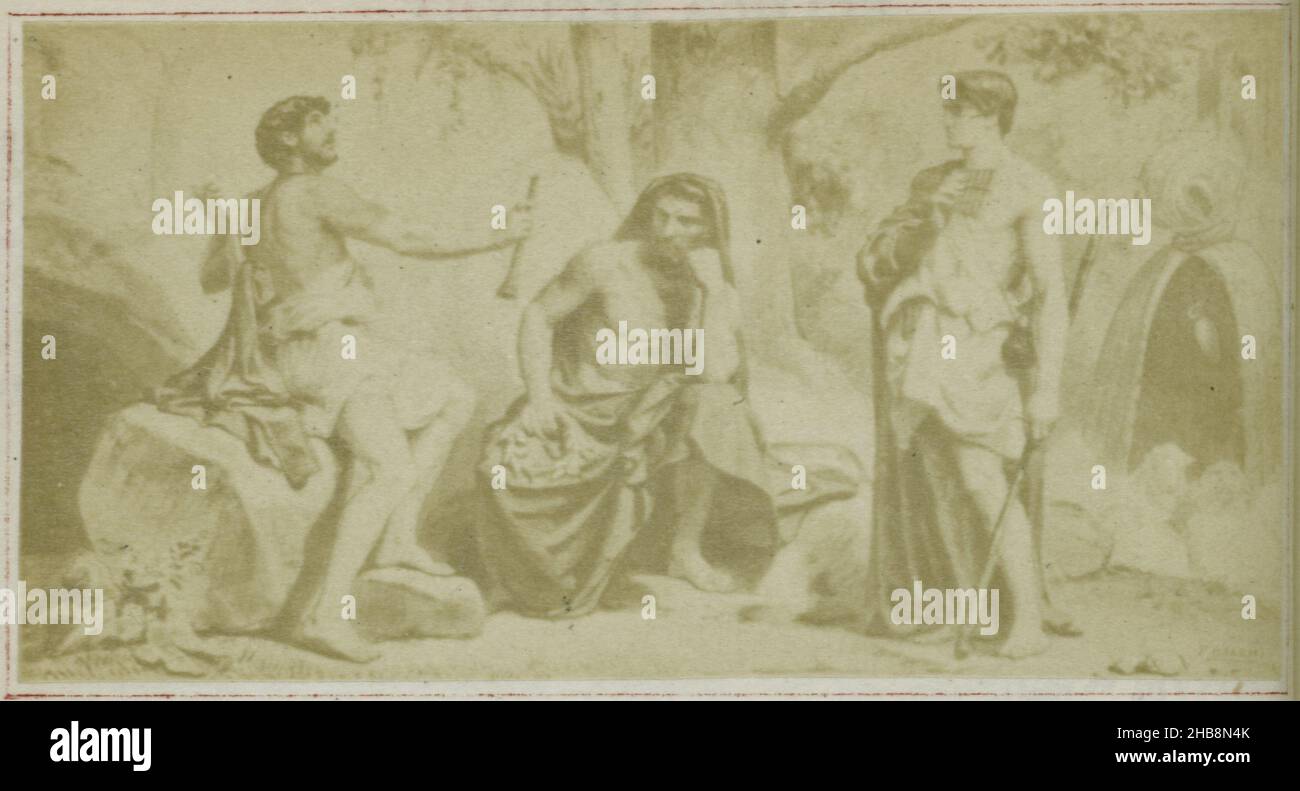 Photoreproduction of a painting, depicting Palaemon judging a singing contest between Menalcas and Damaetas, scene from Virgilius' Bucolica, anonymous, after: anonymous, c. 1853 - in or before 1858, paper, albumen print, height 31 mm × width 60 mm Stock Photo