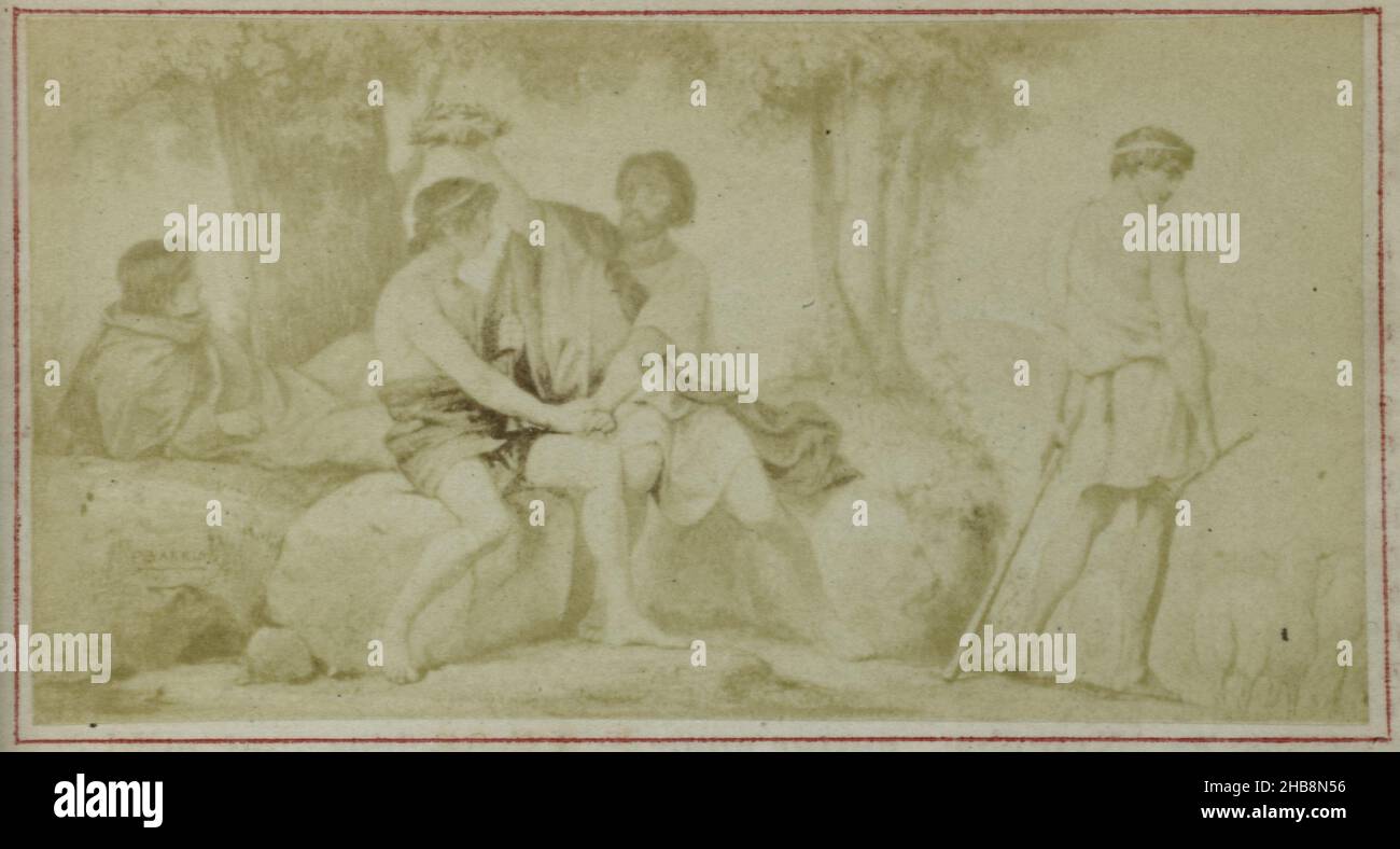 Photoreproduction of a painting depicting Meliboeus crowning Corydon the winner of a contest, scene from Virgilius' Bucolica, anonymous, after: anonymous, c. 1853 - in or before 1858, paper, albumen print, height 31 mm × width 60 mm Stock Photo