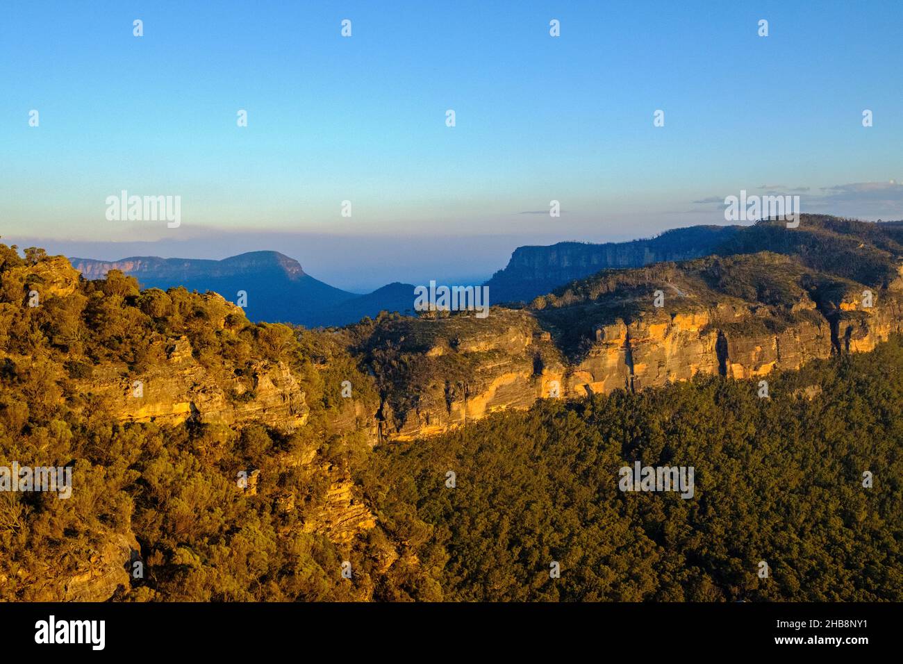 Australia, NSW, Blue Mountains National Park, Mountain landscape and blue sky Stock Photo