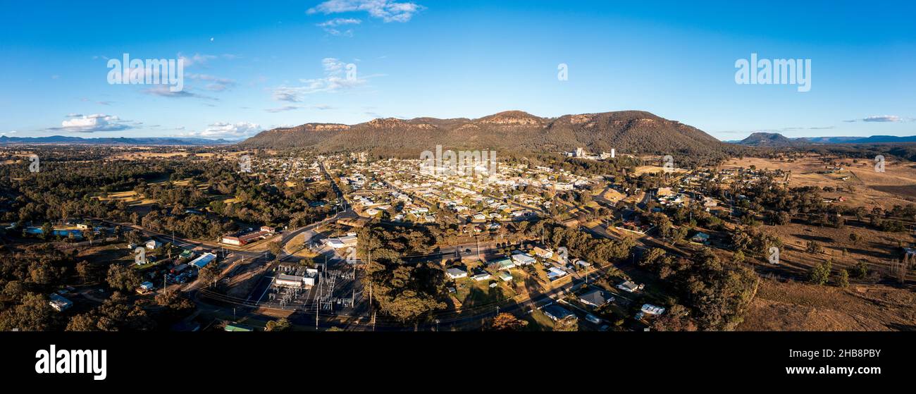 Australia, NSW, Kandos, Aerial view of town and mountains Stock Photo