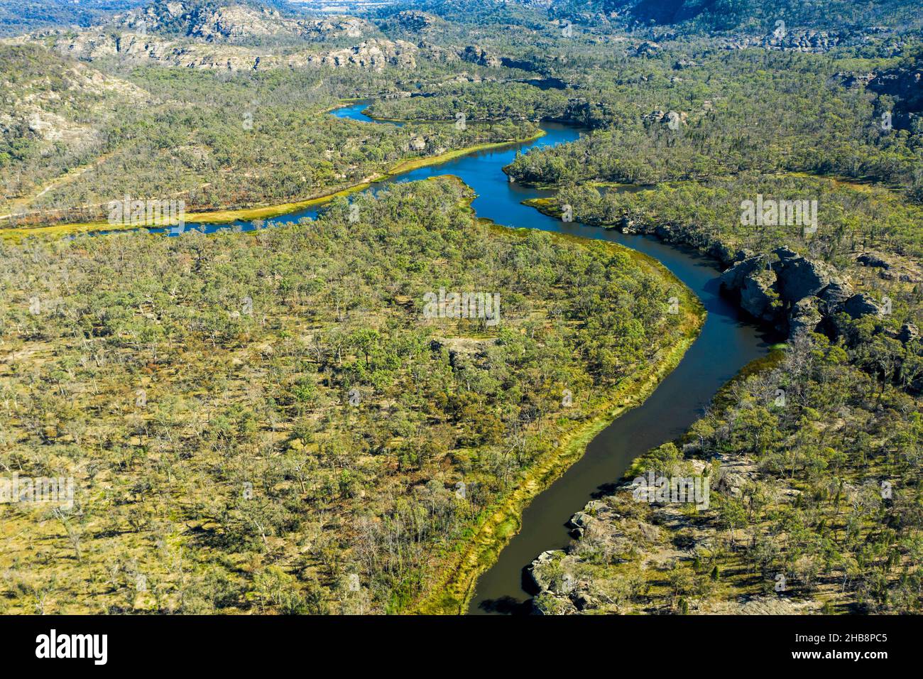 Australia, NSW, Ganguddy, Aerial view of Dunns Swamp and river in Wollemi National Park Stock Photo
