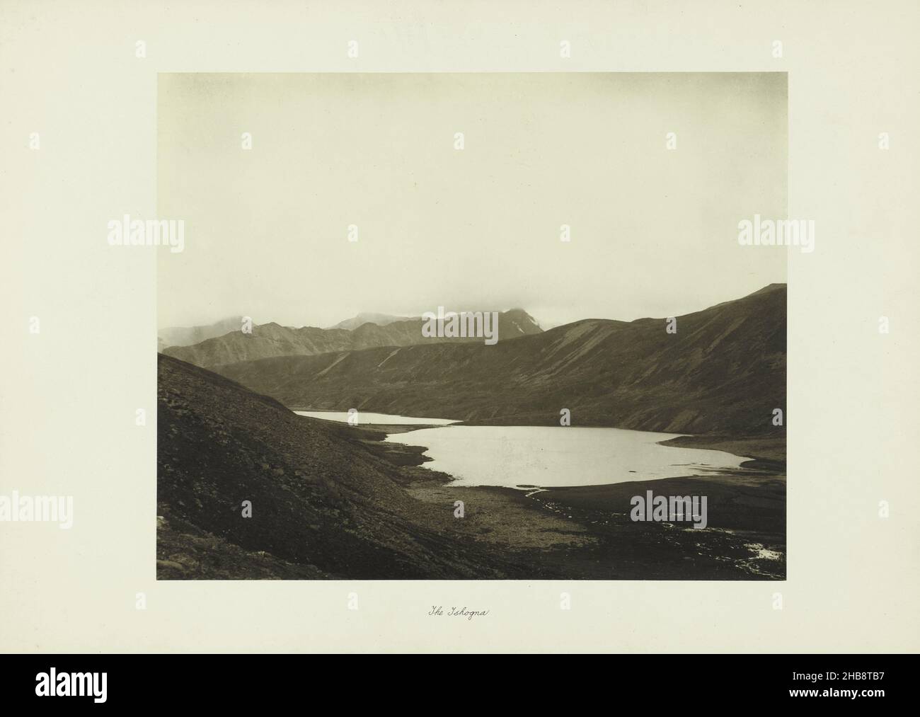 View of Lake Tsomgo in the Himalayas, India, The Tshogna (title on object), John Claude White (mentioned on object), Sikkim, 1903 - 1904, paper, cardboard, albumen print, height 230 mm × width 286 mmheight 315 mm × width 438 mm Stock Photo
