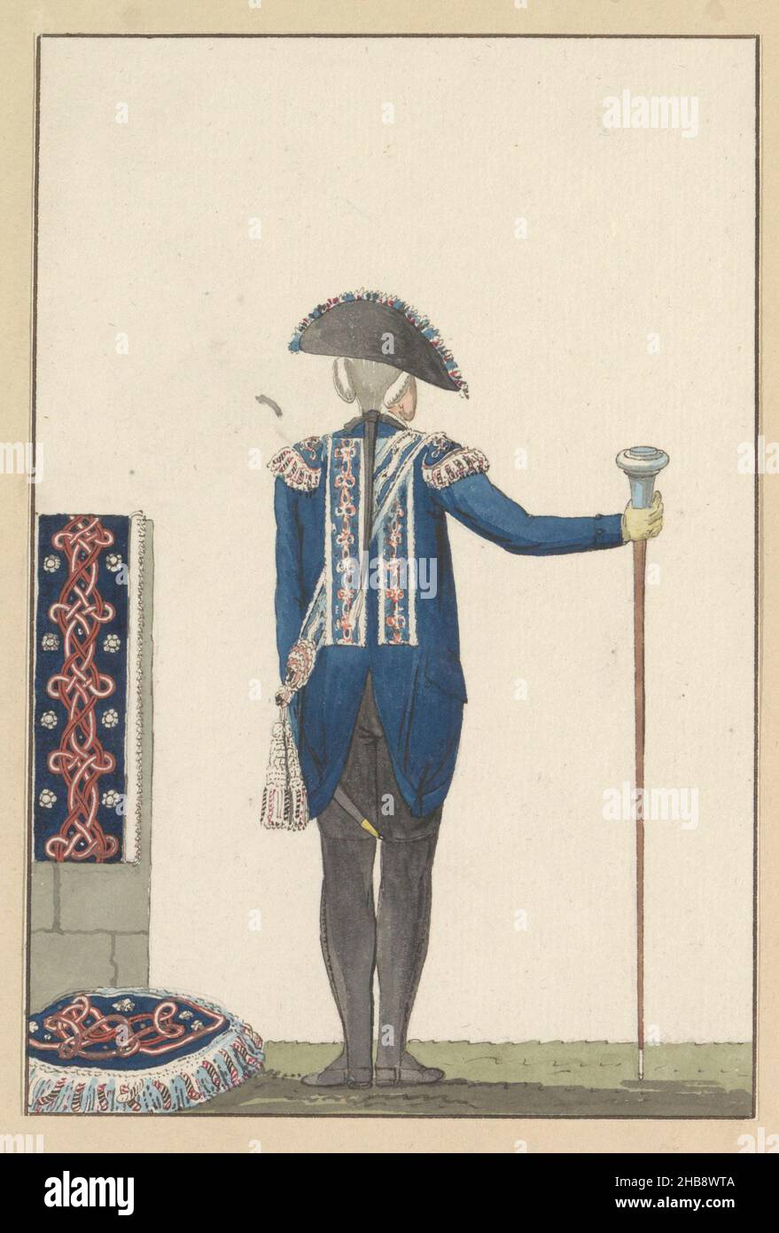 Tamboer majoor van het Genootschap tot Nut der Schutterij te Amsterdam, 1787, From behind (title on object), Tamboer majoor, standing with the baton in his right hand resting on the ground, seen from behind. On the left details of decorations and the epaulette. Part of the album with fourteen pasted-in coloured drawings of the uniforms of marksmen of the Patriot Society for the Benefit of the Shooters in Amsterdam in the year 1787., draughtsman: anonymous, Amsterdam, 1787, paper, height 206 mm × width 139 mm Stock Photo
