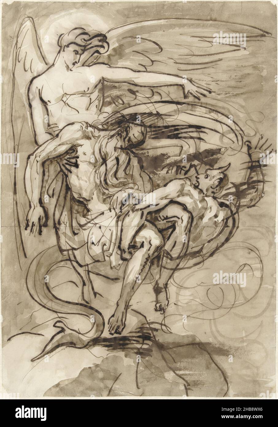Battle between angel and devil for the soul of a man, draughtsman: David Pièrre Giottino Humbert de Superville, 1780 - 1849, paper, brush, height 363 mm × width 253 mm Stock Photo