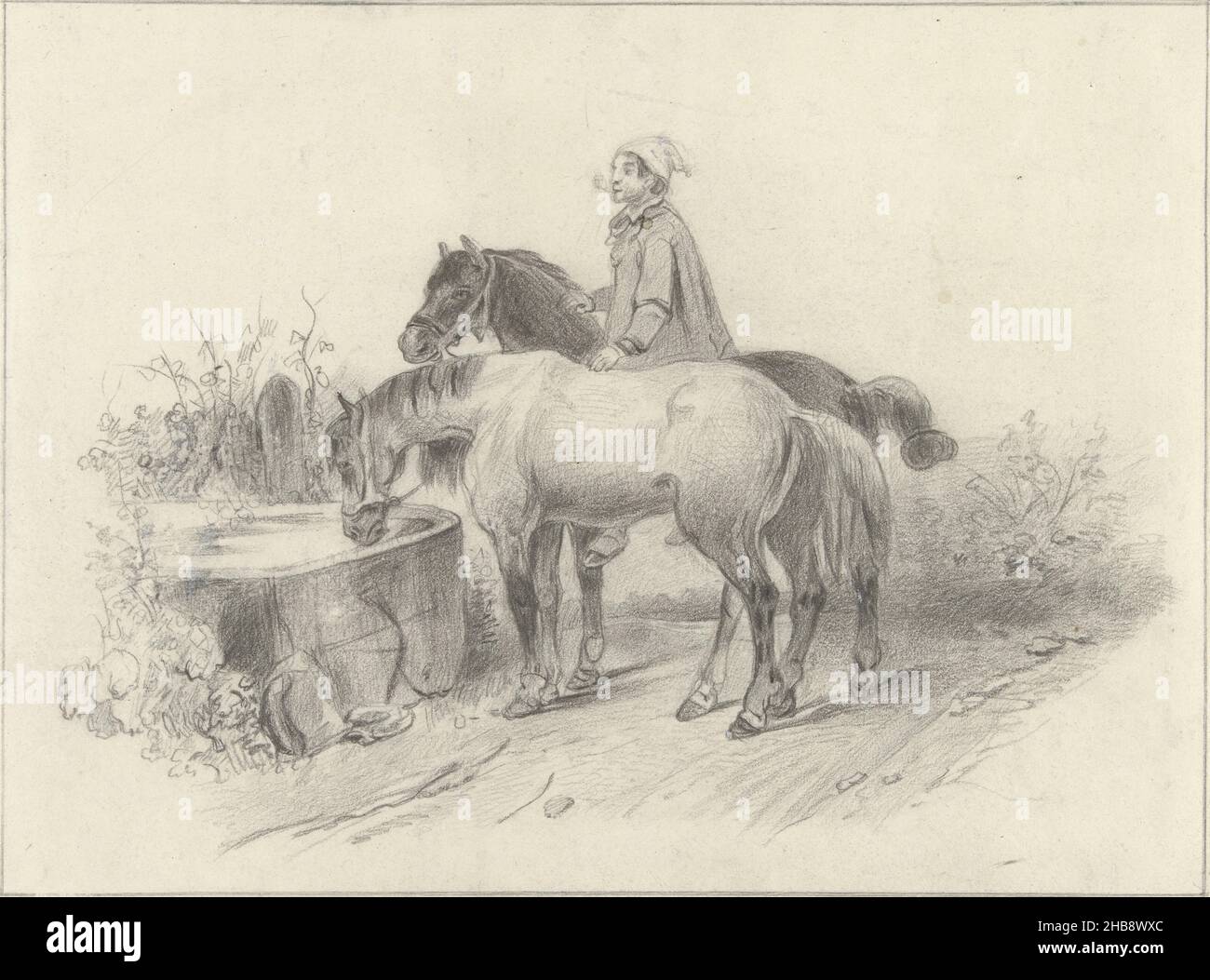Farmer with two horses near a drinking trough, draughtsman anonymous