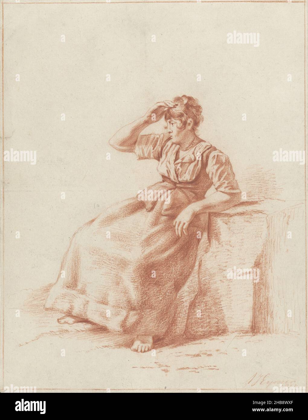Seated peasant girl, draughtsman: Arnoldus Johannes Eymer, 1824, paper, chalk, height 250 mm × width 197 mm Stock Photo