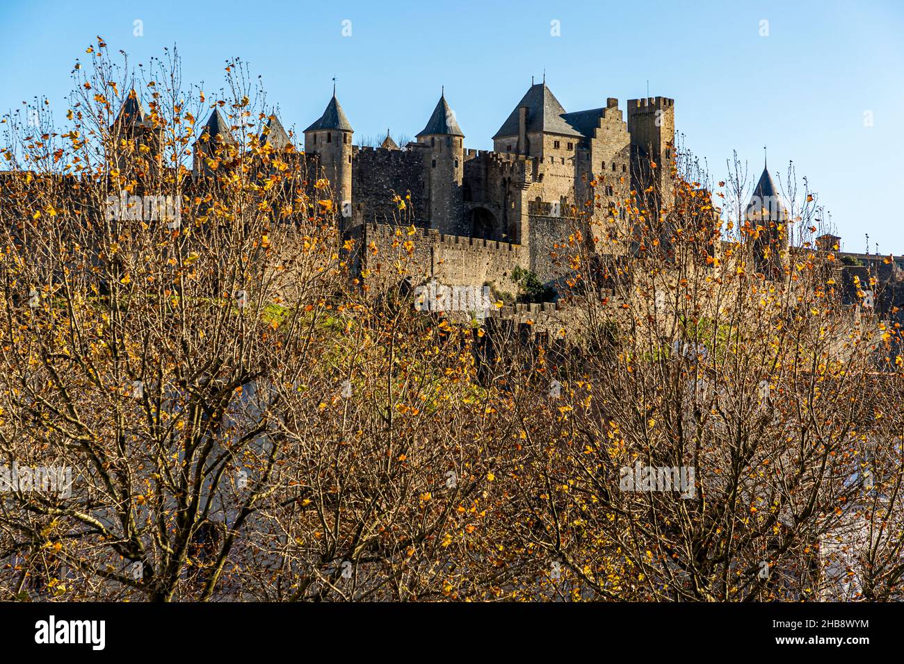 The old town fortress of Carcassonne is located behind the 14th century Pont Vieux, which crosses the river Aude Stock Photo