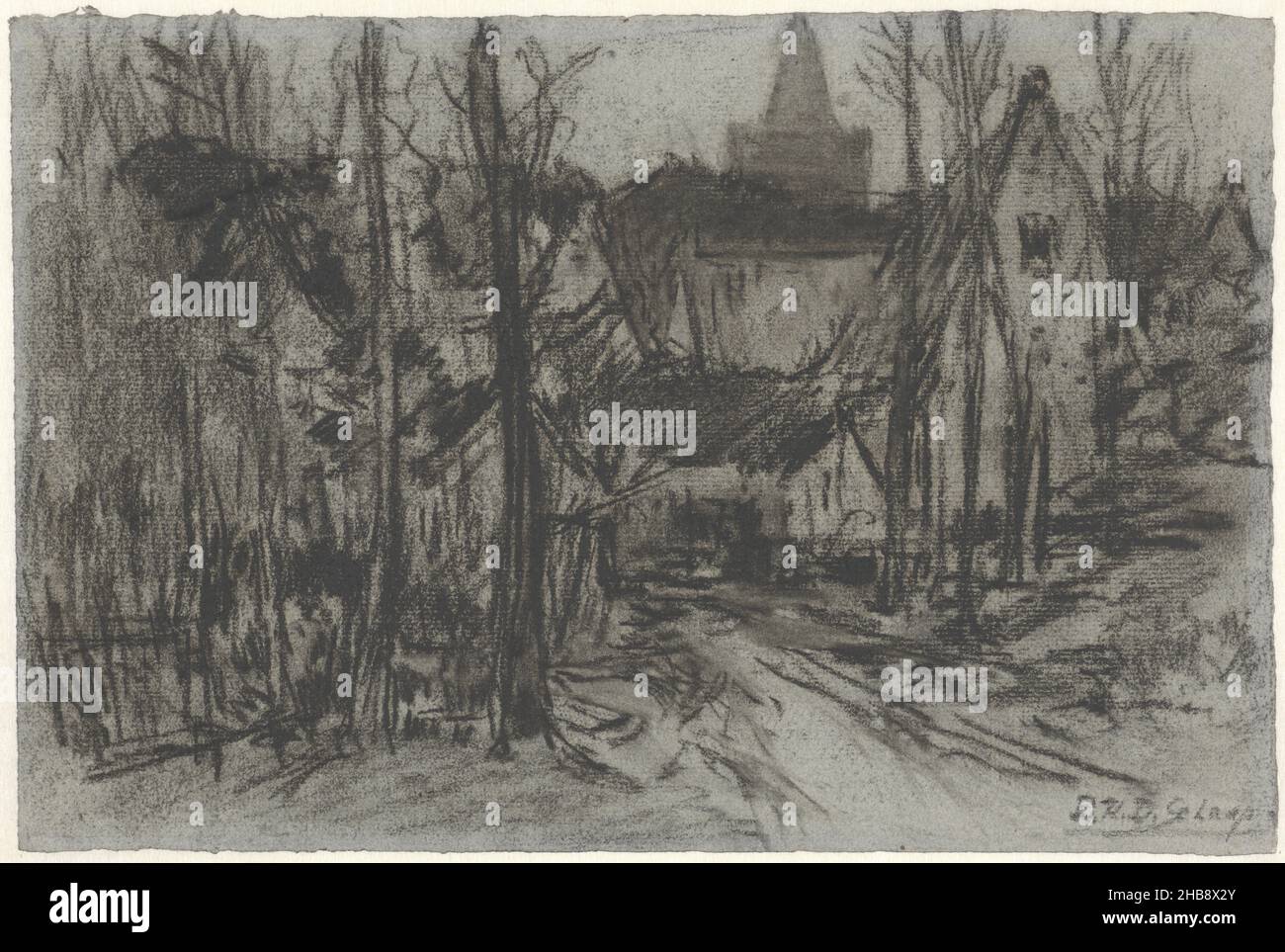 View of a village through the trees, draughtsman: Egbert Rubertus Derk Schaap, 1872 - 1939, paper, chalk, height 209 mm × width 312 mm Stock Photo