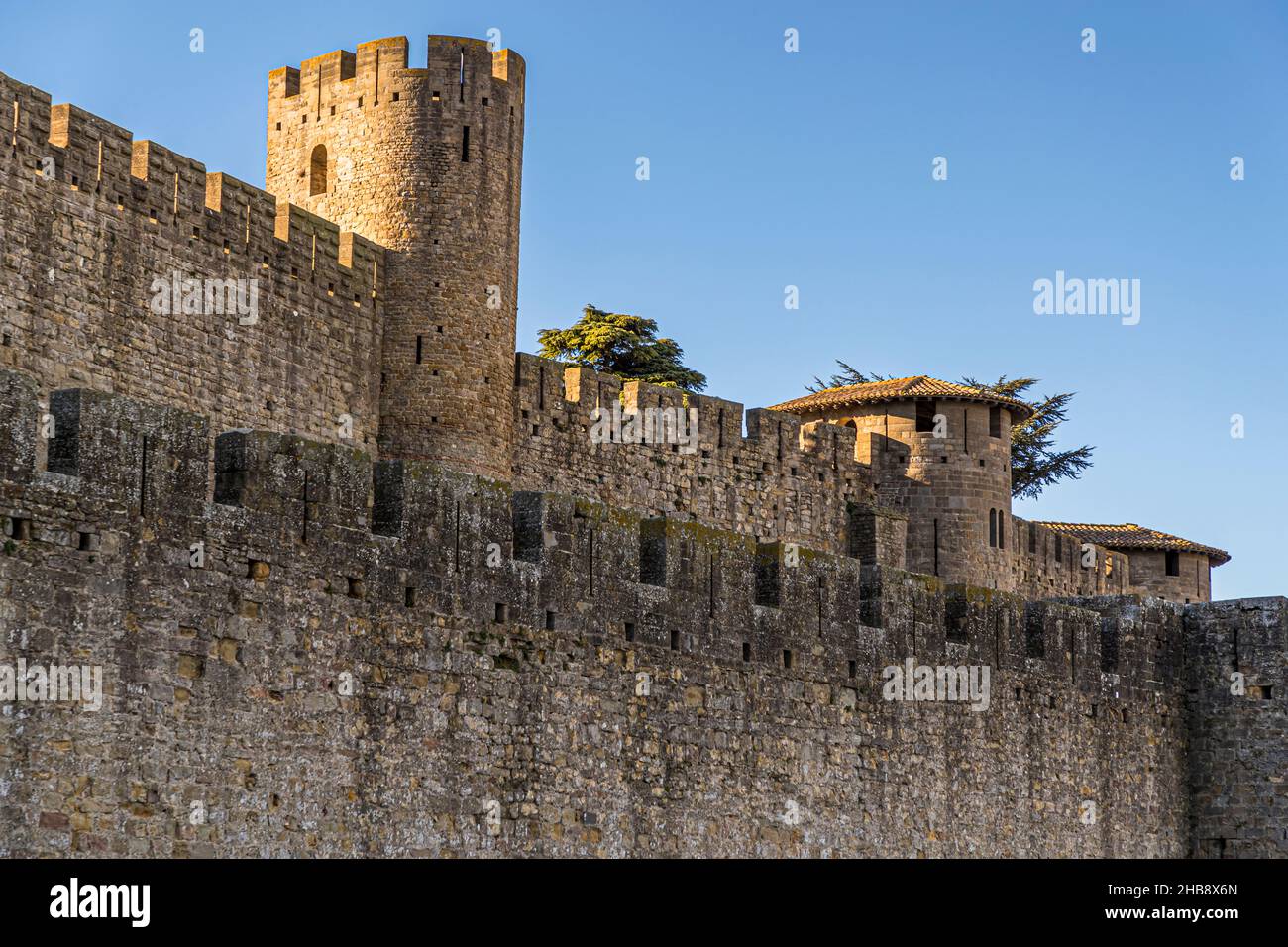 Medieval fortress located on a hill of the old town, called Cité of Carcassonne. Carcassonne, France Stock Photo