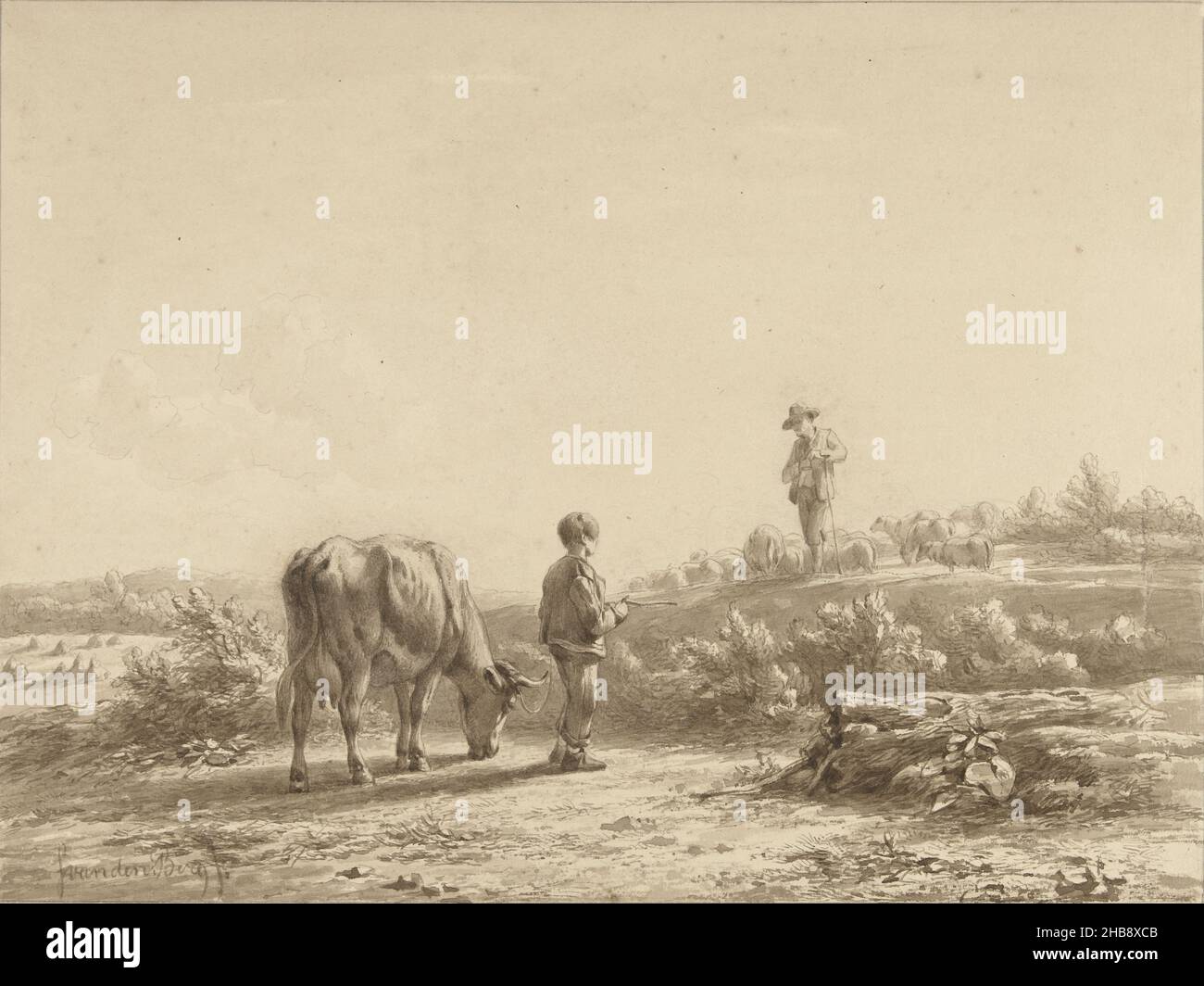 Boy with cow and shepherd, draughtsman: Simon van den Berg, 1822 - 1891, paper, ink, pen, brush, height 207 mm × width 278 mm Stock Photo