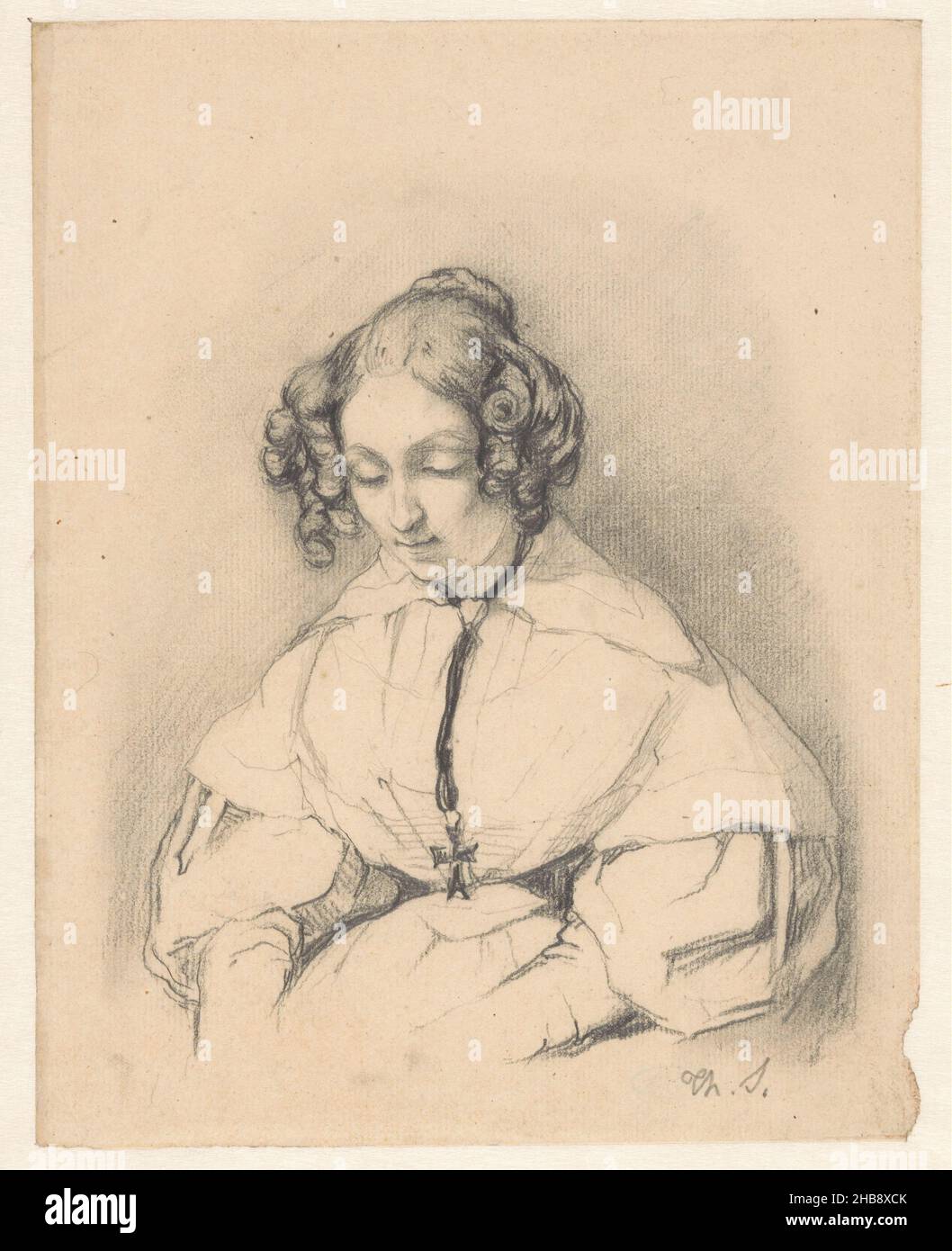 Portrait of a seated woman with eyes lowered, draughtsman: Theodoor Schaepkens, 1820 - 1883, paper, pencil, height 213 mm × width 169 mm Stock Photo