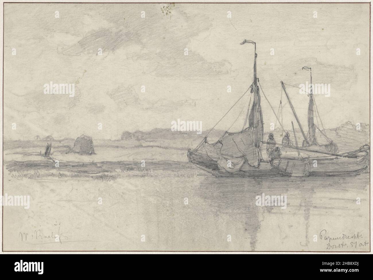 Fishing boats in a landscape in Papendrecht, draughtsman: Willem Roelofs (I), Oct-1851, paper, pencil, height 238 mm × width 349 mm Stock Photo