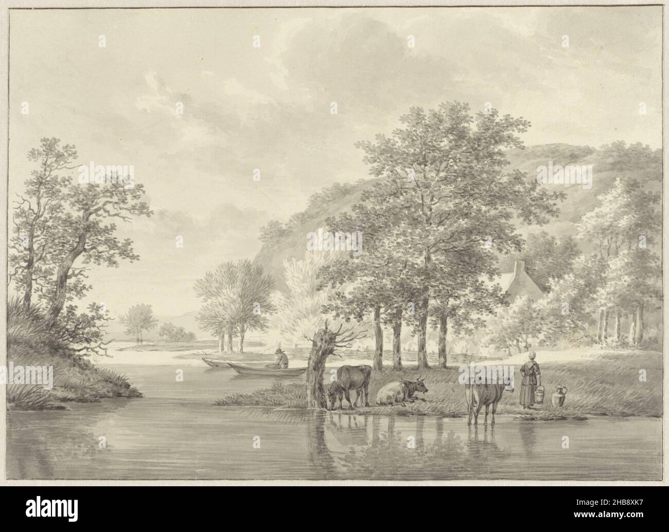River landscape, draughtsman: Anthony Oberman, 1791 - 1845, paper, chalk, brush, height 218 mm × width 301 mm Stock Photo