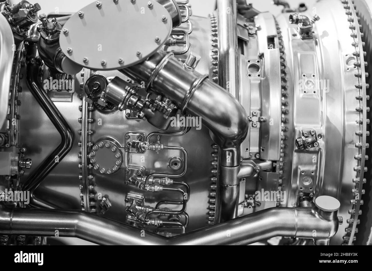 plane turbine engine mechanism closeup. working section. Stock Photo