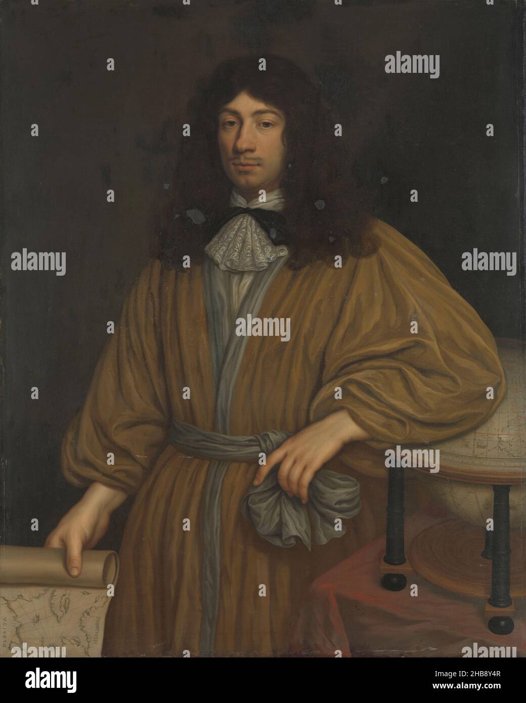 Johan Boudaen Courten (1635-1716), Lord of St Laurens, Schellach and Popkensburg. Councillor of Middelburg and Director of the East India Company, Portrait of Johan Boudaen Courten, Lord of St Laurens, Schellach and Popkensburg. Councillor of Middelburg and administrator of the VOC. Kneepiece, standing, holding a nautical chart of the Caribbean in the right hand, the left arm leaning on a globe., painter: Cornelis Janssens van Ceulen (II), 1668, canvas, oil paint (paint), height 116 cm × width 94 cm, depth 9.5 cm Stock Photo